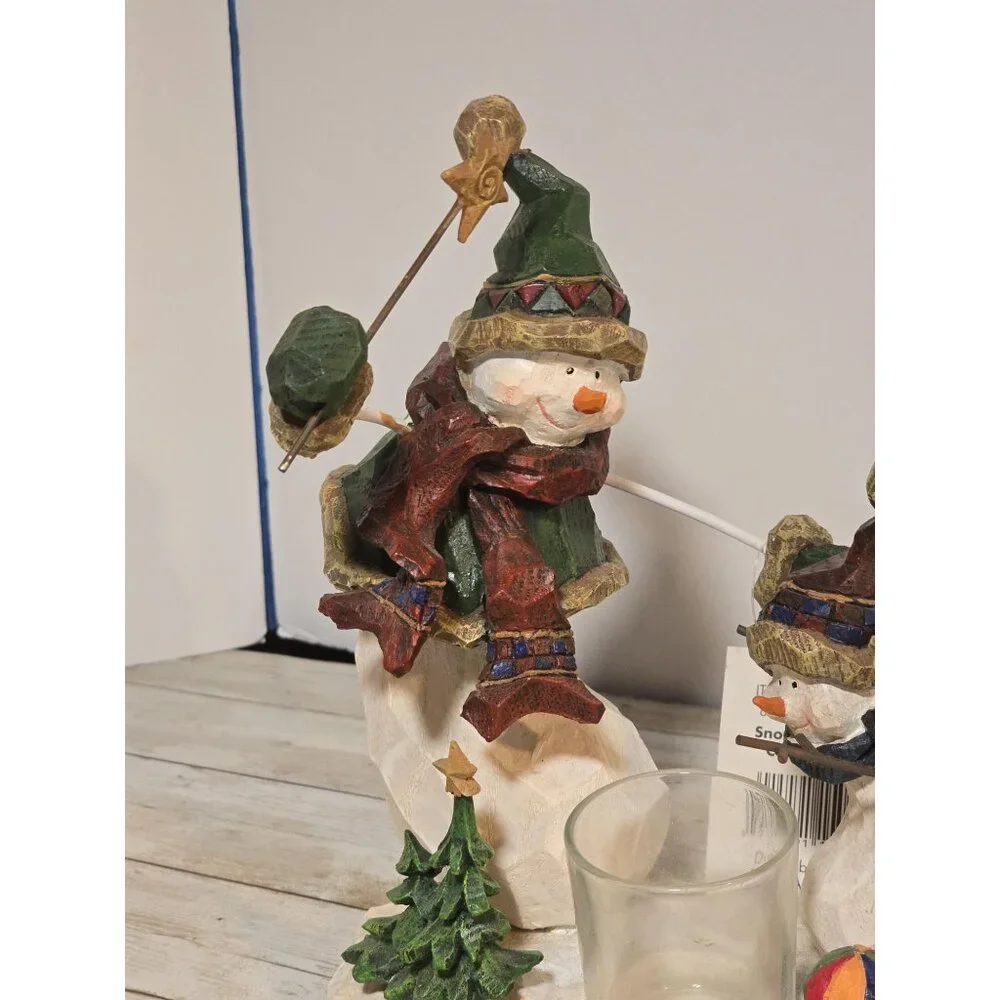 Vintage NOS‎ Snowman Votive Candle Holder Wooden Carved Heavy Sturdy